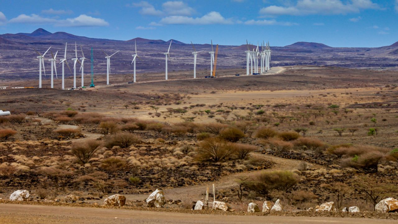 In this file photo taken in 2016 wind turbines of the Lake Turkana Wind Power project (LTWP) are seen in Loiyangalani district, Marsabit County, northern Kenya. 