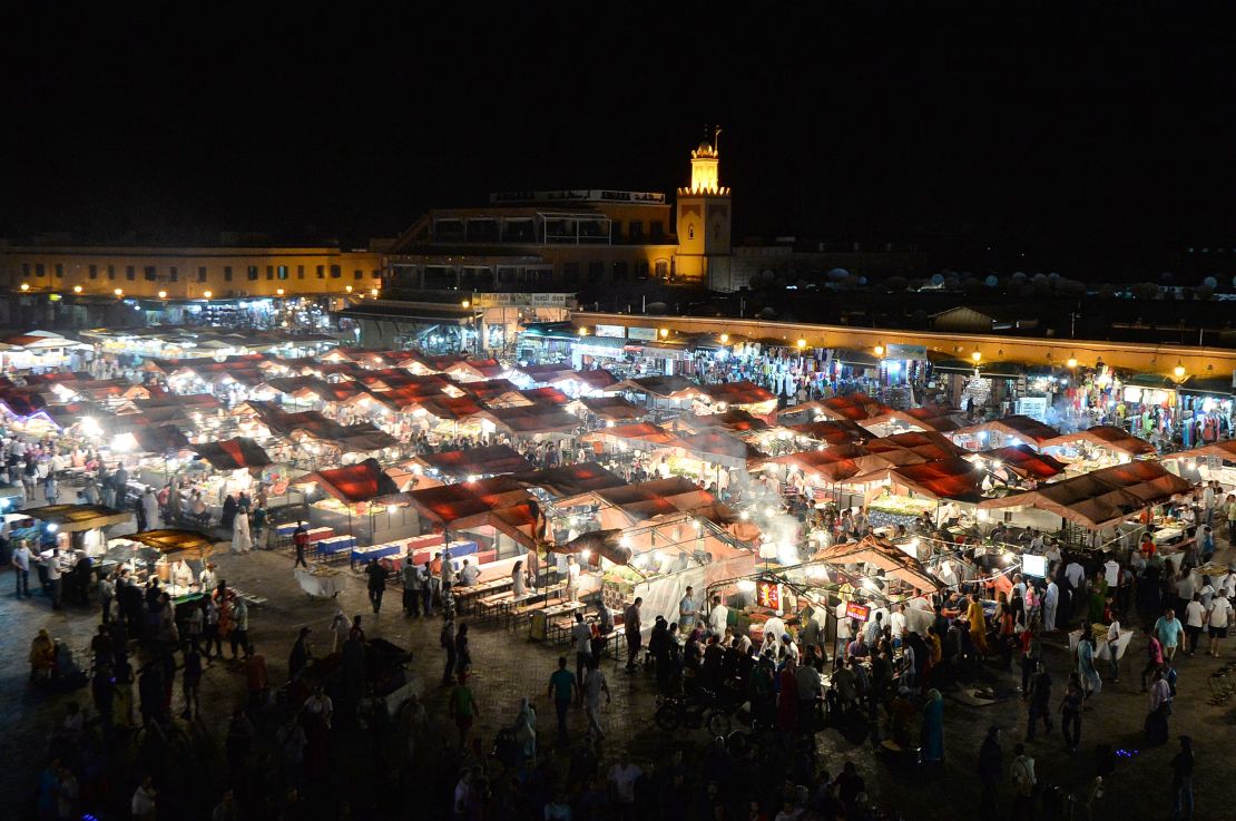 Jemaa el-Fna square in Marrakesh comes alive at dusk when street stalls are set up.