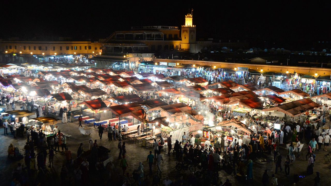 Jemaa el-Fna square in Marrakesh comes alive at dusk when street stalls are set up.