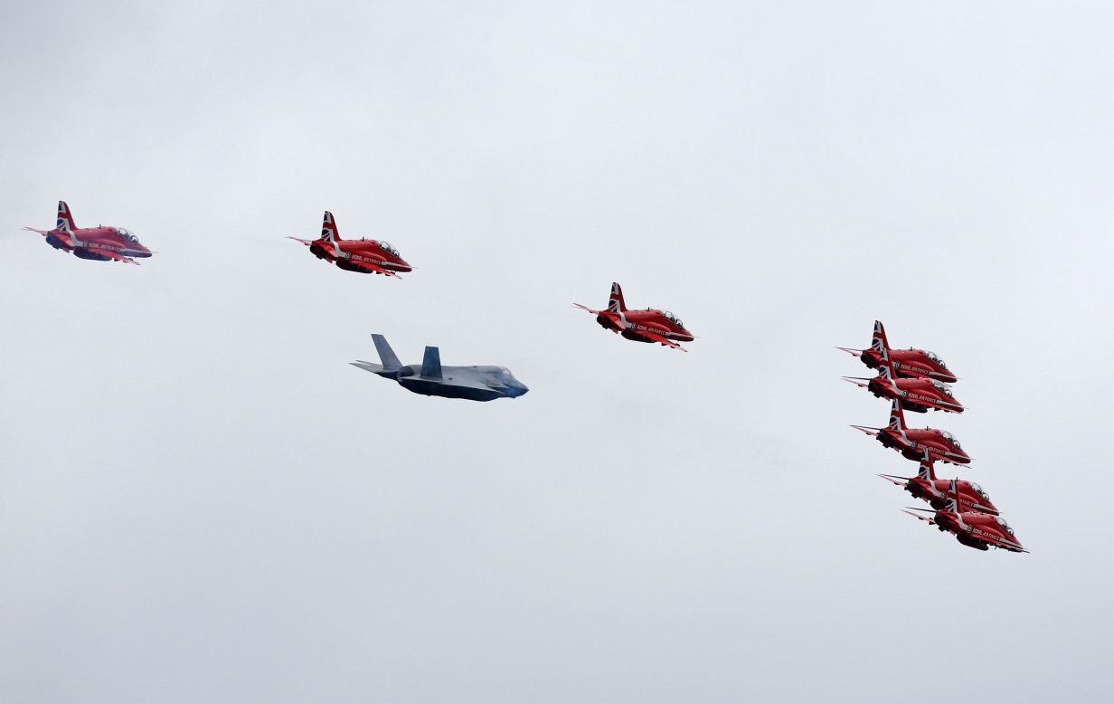 Not content with its solo display, the Lockheed Martin F-35B also joined a flypast with the Royal Air Force Red Arrows display team.