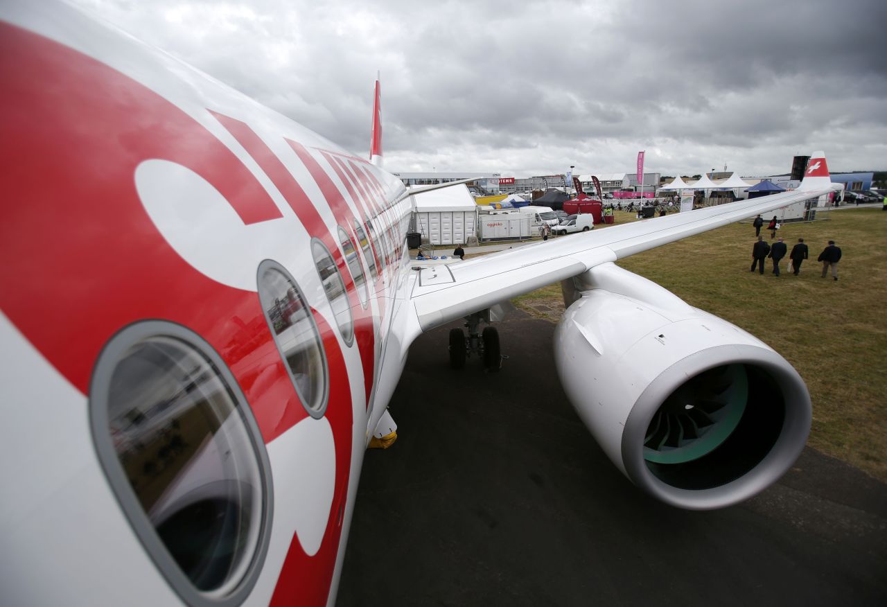 Aviation geeks got a good look at the Bombardier CS100 as pilots put it through its paces in the sky over southern England. It's the first narrow body airliner designed from scratch in nearly 30 years.