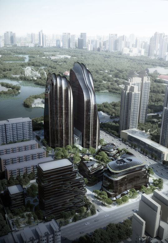 The Chaoyang Park Plaza, composed of over 120,000 square meters, took inspiration from Chinese classical landscape paintings, which often feature lakes, springs, forests, and stones. 