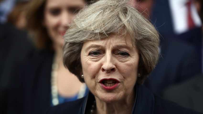 LONDON, ENGLAND - JULY 11: British Home Secretary Theresa May makes a statement after Andrea Leadsom pulled out of the contest earlier today to become Conservative Party leader outside the Houses of Parliament on July 11, 2016 in London, England. Theresa May will become the UK's new Prime Minister on Wednesday evening after David Cameron holds his final PMQs and visits the Queen to officially resign his position. (Photo by Carl Court/Getty Images)