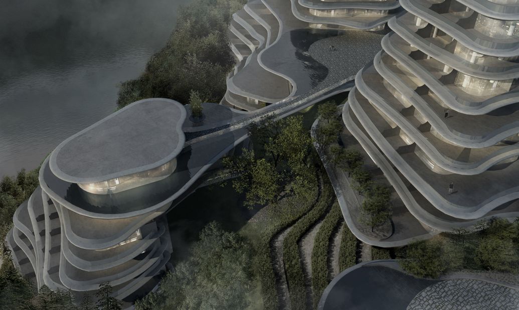Emulating the area's undulating hills and tiered tea plantations, the low-rise buildings reach 200 feet and will be used for a mix of public and private purposes, including event spaces, a hotel, and housing. 