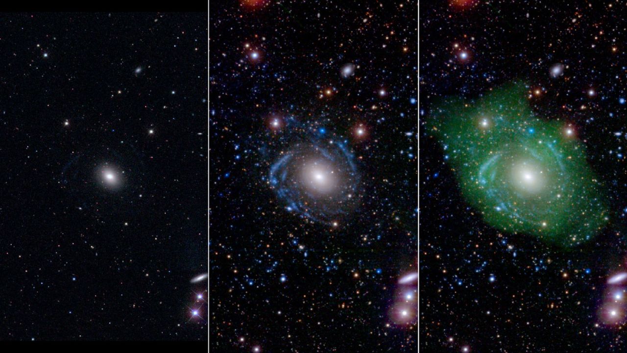 Meet UGC 1382: What astronomers thought was a normal elliptical galaxy (left) was actually revealed to be a massive disc galaxy made up of different parts when viewed with ultraviolet and deep optical data (center and right). In a complete reversal of normal galaxy structure, the center is younger than its outer spiral disk. 