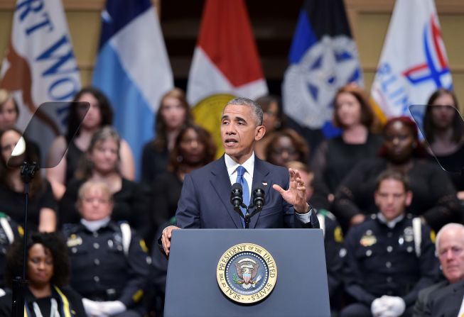 U.S. President Barack Obama speaks during <a href="index.php?page=&url=http%3A%2F%2Fwww.cnn.com%2F2016%2F07%2F12%2Fus%2Fdallas-police-shooting-officers-memorial%2Findex.html" target="_blank">an interfaith memorial service</a> for the victims of the Dallas police shooting on Tuesday, July 12. Obama sought to unify the country during the somber memorial in Dallas for the five police officers slain in a sniper ambush during what had been a peaceful protest. The incident occurred amid a tragic week for the nation that saw Alton Sterling in Louisiana and Philando Castile in Minnesota killed during encounters with police.