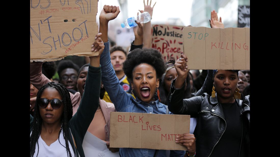 Demonstrations have popped up in cities around the world, including this one in London on July 10, 2016, following the most recent police shootings. 