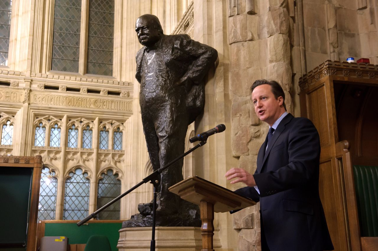 Cameron speaks at a memorial service for Sir Winston Churchill in January 2015, commemorating the 50th Anniversary of his state funeral.