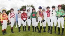 Dido Harding, Philippa Holland, Gina Bryce, Alysen Miller, Harriet Bond, Francesca Cumani, Edie Campbell, Emma Spencer, Rosemary Ferguson, Tricia Simonon, Sara Cox before The Magnolia Cup on Ladies Day at Glorious Goodwood 2012, Goodwood Racecourse, Chichester.