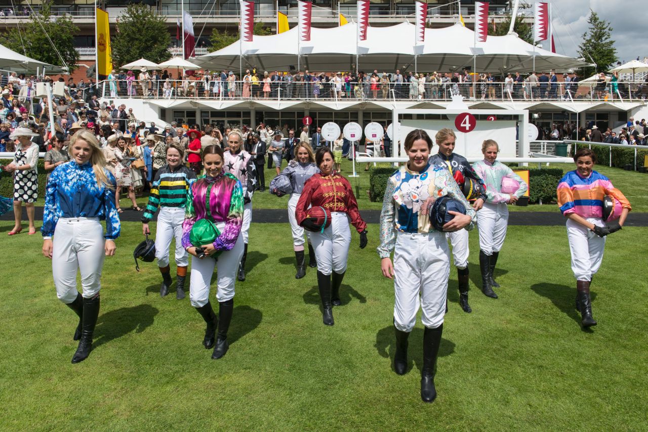 The 10 riders in the 2015 race -- won by sports performance consultant Camilla Henderson -- show off their jockey silks, specially designed by top names such as Vivienne Westwood.
