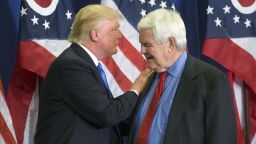 In this photo taken July 6, 2016, Republican Presidential candidate Donald Trump and former House Speaker Newt Gingrich share the stage during a campaign rally  in Cincinnati. Running mate or not, "Newt Gingrich is going to be involved with our government,"  Republican presidential candidate Donald Trump has said.  (AP Photo/John Minchillo)