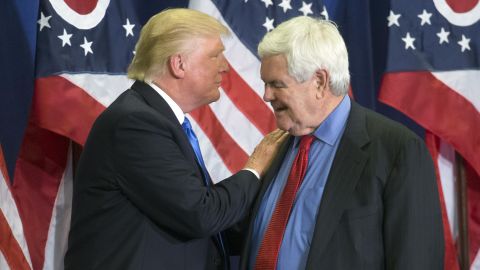 In this photo taken July 6, 2016, Republican Presidential candidate Donald Trump and former House Speaker Newt Gingrich share the stage during a campaign rally in Cincinnati. Running mate or not, "Newt Gingrich is going to be involved with our government," Republican presidential candidate Donald Trump has said. (AP Photo/John Minchillo)