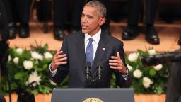 DALLAS, TX - JULY 12:  U.S. President Barack Obama delivers remarks during an interfaith memorial service, honoring five slain police officers, at the Morton H. Meyerson Symphony Center on July 12, 2016 in Dallas, Texas. A sniper opend fire following a Black Lives Matter march in Dallas killing five police officers and injuring 12 others.  (Photo by Tom Pennington/Getty Images)