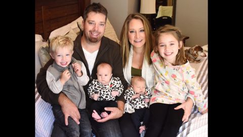 Parents Cassidy and Chad Lexcen, older daughter Harper, son Asher and the twin babies Teegan, right, and Riley.