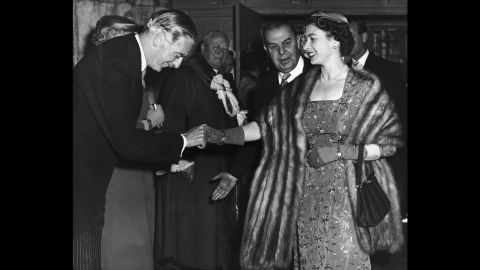 The Queen shaking hands with the Conservative British Prime Minister, Sir Anthony Eden, in May 1956.