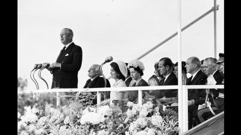 Harold Macmillan gives a speech at the inauguration ceremony of a memorial to John F Kennedy.