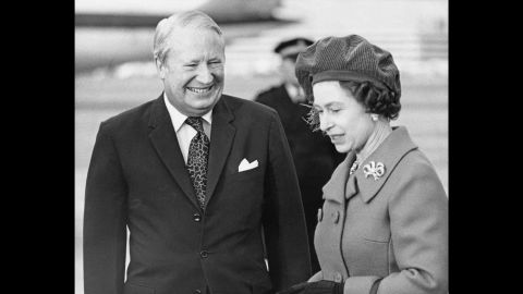 The Queen with British Prime Minister Edward Heath at Heathrow Airport, London, January 28, 1974.