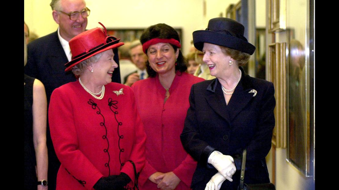 The Queen chats with Margaret Thatcher at the National Portrait Gallery in London May 4, 2000.