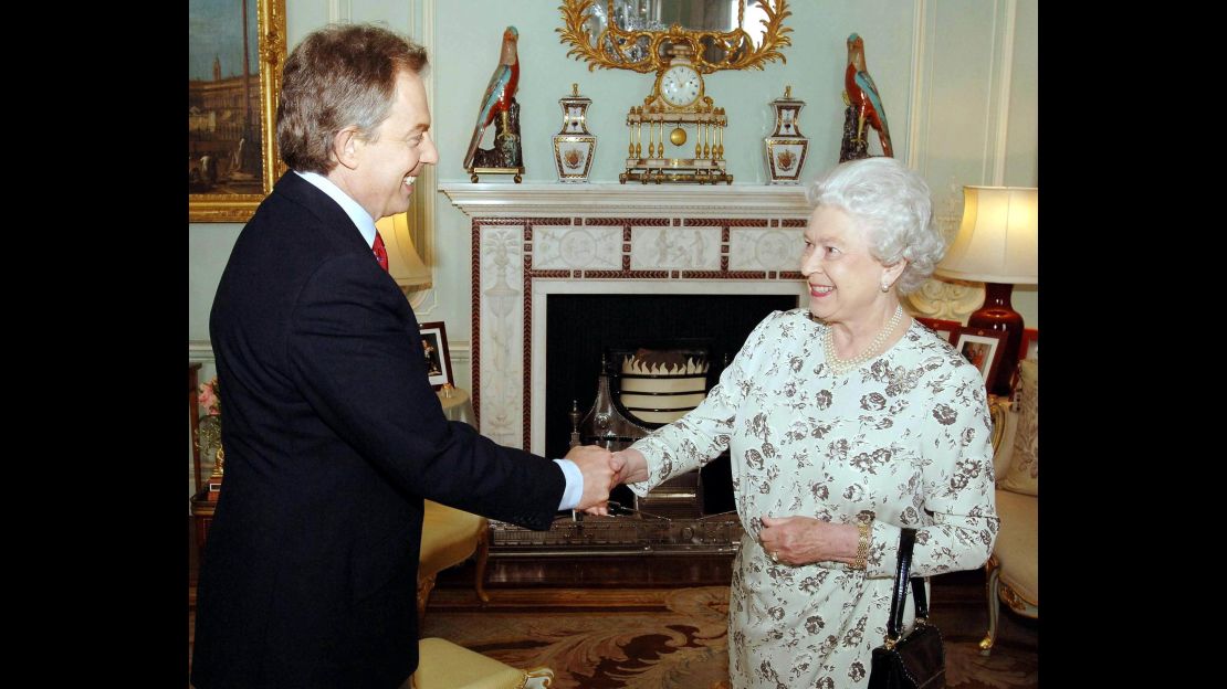 The Queen receives British Prime Minister Tony Blair May 6, 2005, at Buckingham Palace.