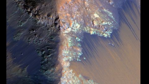 Recurring slope lineae (RSL) on Mars are seasonally abundant along the steep slopes of ancient bedrock in the Valles Marineris canyon region. Here, the RSL are depicted as bright fans that extend down the slopes. <br />