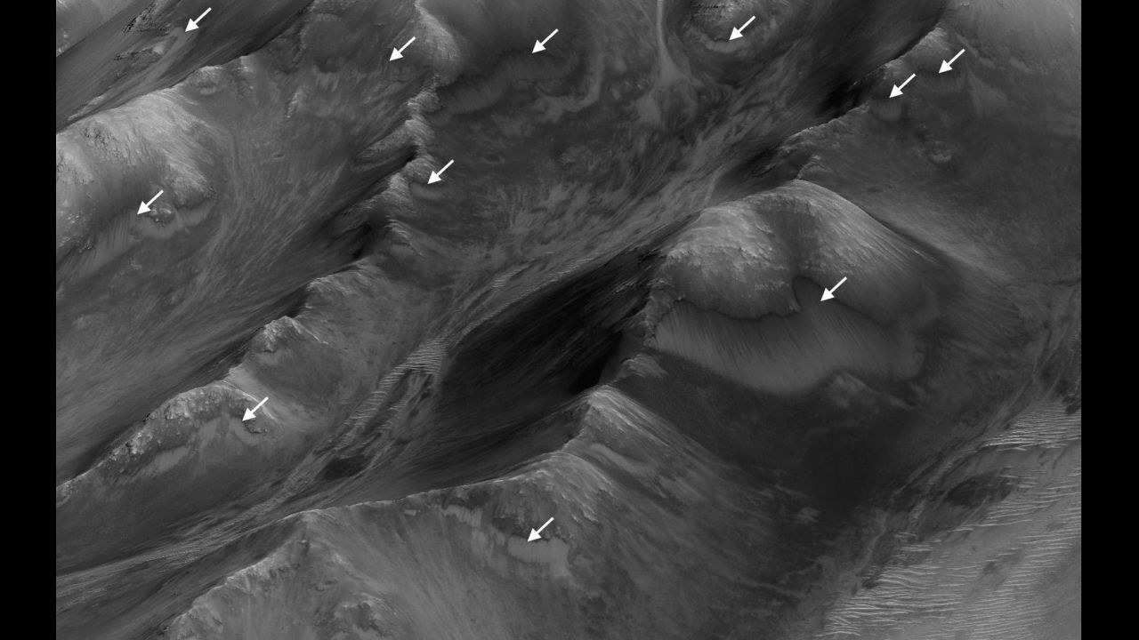 Based on a new study of RSL, the white arrows on this image show the largest concentration of the seasonal streaks in the Coprates Montes area of the canyon. 