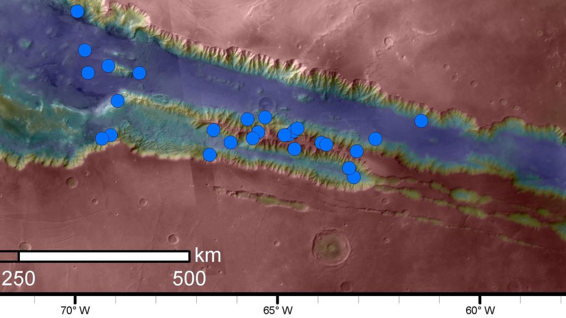 The blue dots indicate active sites of RSL in the Valles Marineris canyon region. These are the highest density of RSL known.