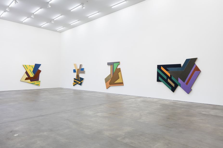 The exhibition, titled "Frank Stella," comprises works from his "Polish Villages" and "Bali" series. 