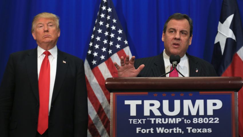 New Jersey Governor Chris Christie announces his support for Republican presidential candidate Donald Trump during a rally at the Fort Worth Convention Center on February 26, 2016 in Fort Worth, Texas. Trump is campaigning in Texas, days ahead of the Super Tuesday primary.