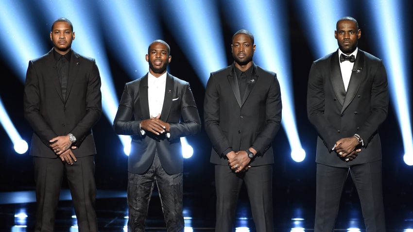 LOS ANGELES, CA - JULY 13: (L-R) NBA players Carmelo Anthony, Chris Paul, Dwyane Wade and LeBron James speak onstage during the 2016 ESPYS at Microsoft Theater on July 13, 2016 in Los Angeles, California. (Photo by Kevin Winter/Getty Images)