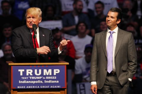 Presumptive Republican nominee Donald Trump introduces his son Donald Trump Jr. as he addressed a crowd this April in Indianapolis. Trump Jr. has said that if his father becomes president, <a href="http://www.eenews.net/stories/1060037104" target="_blank" target="_blank">he's interested in being</a> his secretary of the Interior.