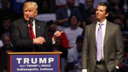 Republican presidential candidate Donald Trump (L) introduces his son Donald Trump Jr. (R) as he addressing the crowd during a campaign rally at the Indiana Farmers Coliseum on April 27, 2016 in Indianapolis, Indiana.