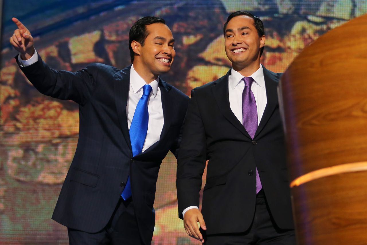U.S. Rep. Joaquin Castro of Texas, left, and his twin brother then-San Antonio Mayor Julian Castro at the 2012 Democratic National Convention in Charlotte, North Carolina. Now secretary of the Department of Housing and Urban Development, Julian Castro is a contender to be the Democratic vice-president nominee.