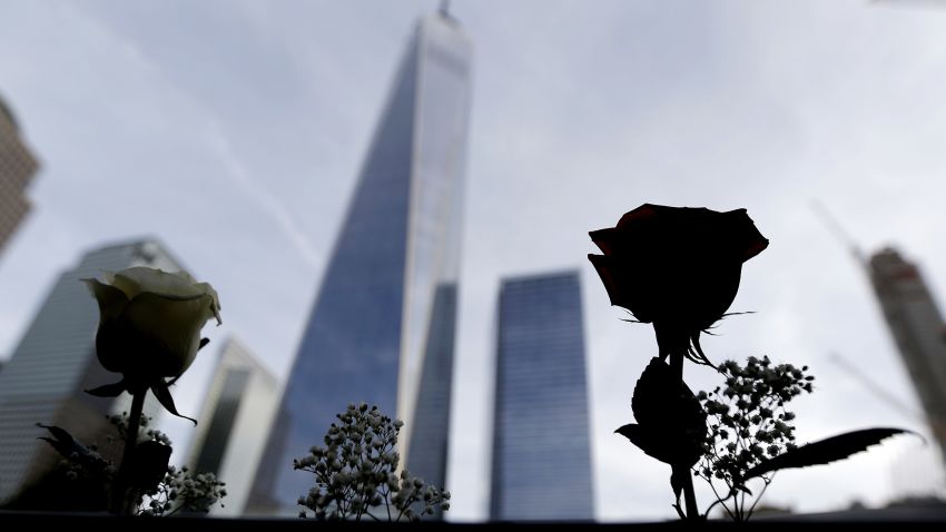 Roses placed by the mother of an architect who died during the Sept. 11 terrorists attacks are erected off his name on the edge of the South Pool at the World Trade Center on September 25, 2015 in New York City.