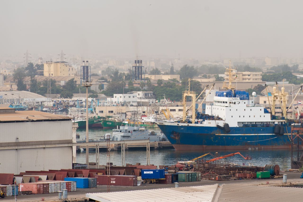 The Russian flagged fishing trawler Oleg Naydenov is seen moored at Dakar port, following the vessel's arrest by the Senegalese authorities for suspected illegal fishing in the Senegalese EEZ.  The ship was detected by a French military plane on 23 December 2013.
