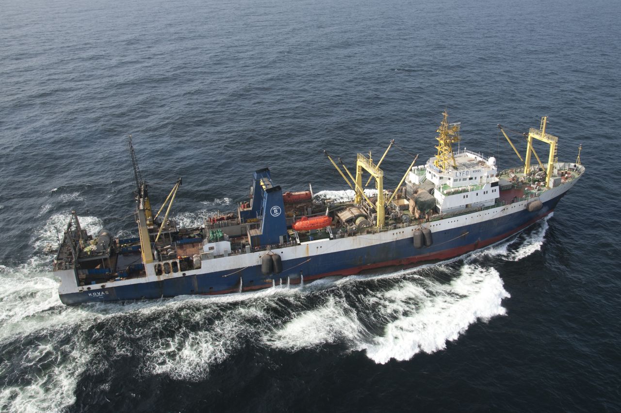 The Kovas Lithuanian flagged fishing trawler at work 30 miles off the coast of Senegal.  The Kovas is a massive super trawler operating in West Africa. With 4,544 m3 of fish hold capacity, it contributes to global overfishing by contributing to the depletion of stocks of horse and chub mackerel, sardines and sardinella within the region.