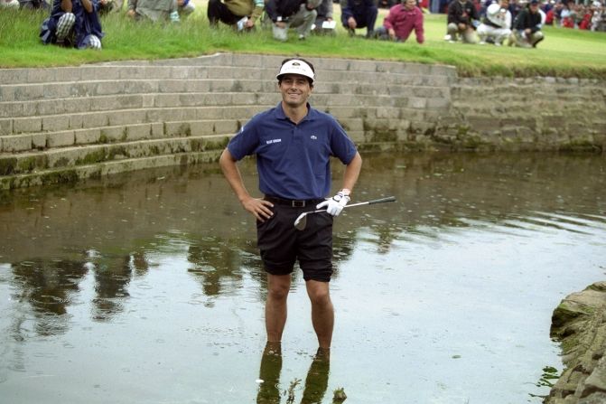 And who could forget the unfortunate Frenchman, Jean van de Velde! Able to make a double bogey on the final hole and still win the Championship at Carnoustie, his name might as well have been etched on the trophy. Three shots later, he was hands-on-hips, barefoot in the Barry Burn river -- and the Gallows humor was not finished there! Hitting his fifth shot into a greenside bunker, the Frenchman had well and truly missed when it was easier to score. In most instances, nobody remembers the man that finished second; in Van de Velde's case, his meltdown defines him to this day.   