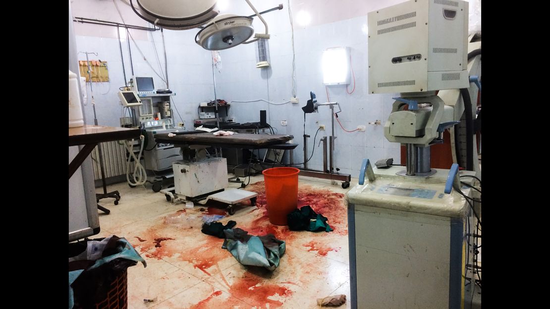 Blood on the floor of the operating theater of an Aleppo hospital after emergency surgery.