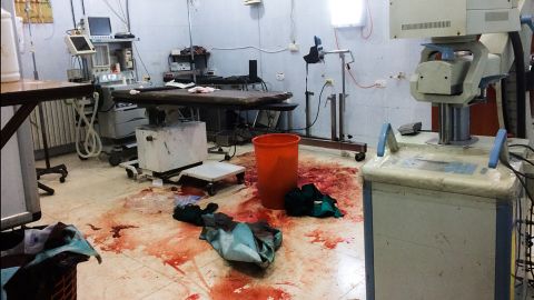 Blood on the floor of the operating theater of an Aleppo hospital after emergency surgery.