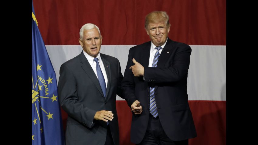 Indiana Gov. Mike Pence joins Republican presidential candidate Donald Trump at a rally in Westfield, Ind., Tuesday, July 12, 2016.