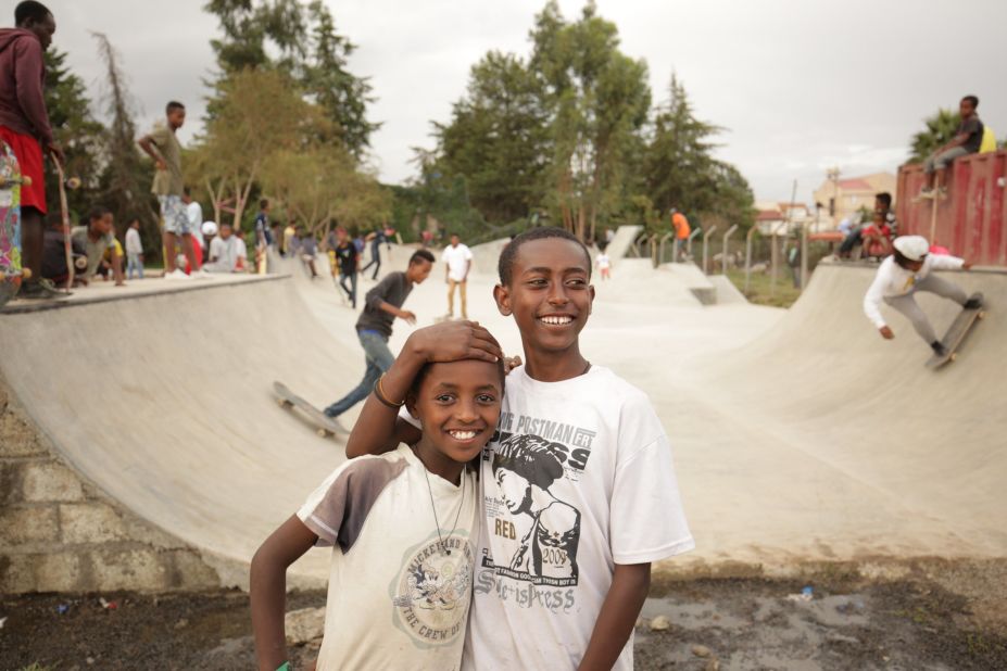 Young skaters hang out inside the new Addis skate park. The local community in Addis Ababa learned from and worked alongside a team of over 60 volunteers from over 20 countries to build the park. 