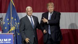 Republican presidential candidate Donald Trump greets Indiana Gov. Mike Pence at the Grand Park Events Center on July 12, 2016 in Westfield, Indiana. Trump is campaigning amid speculation he may select Indiana Gov. Mike Pence as his running mate.
