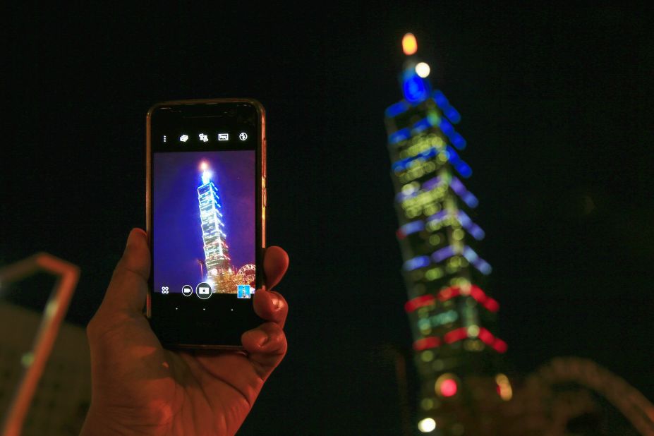 Taiwan skyscraper Taipei 101 is lit in the colors of the French flag on July 15.