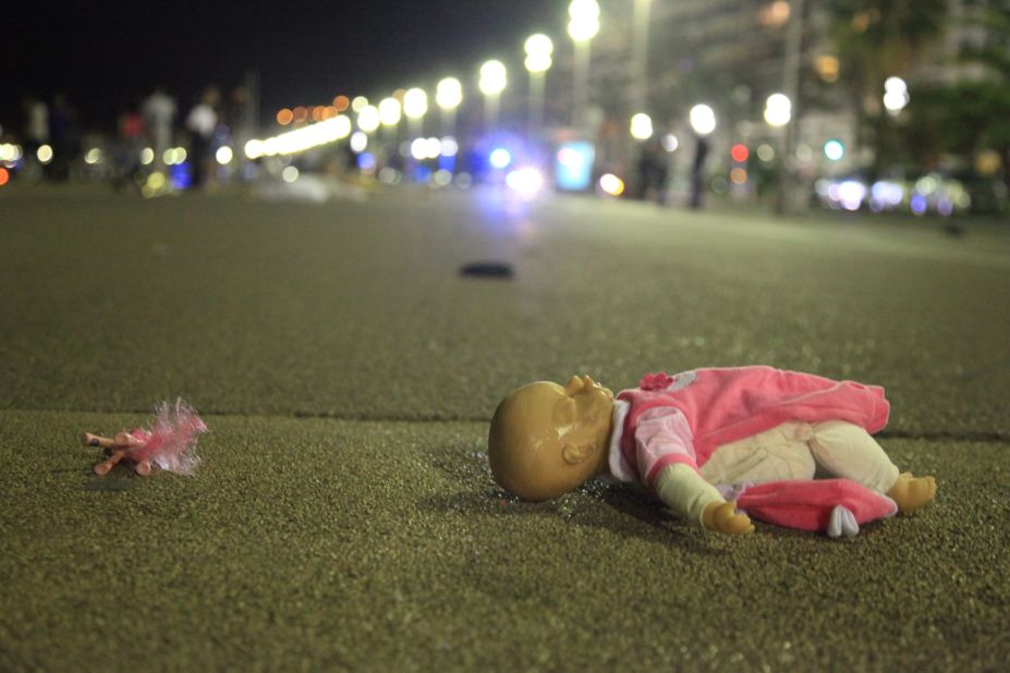A doll is seen at the scene of the attack on the Promenade des Anglais.