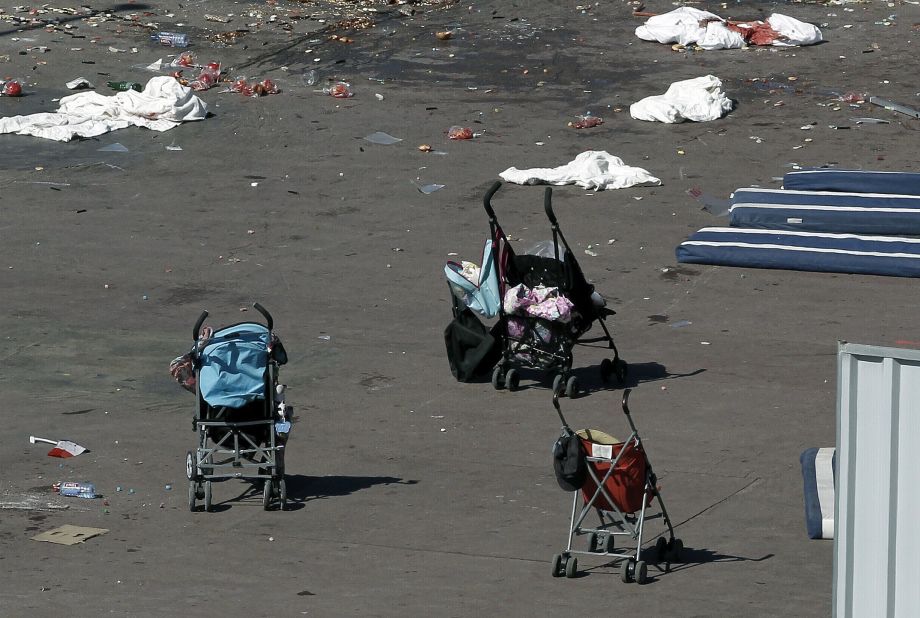Baby strollers are seen on the Promenade des Anglais in Nice, France, on Friday, July 15. A 31-year-old native of Tunisia and resident of Nice drove into a crowd during the southern French city's Bastille Day celebrations around 10:45 p.m. on Thursday, July 14, killing at least 84 people and leaving around 202 injured.