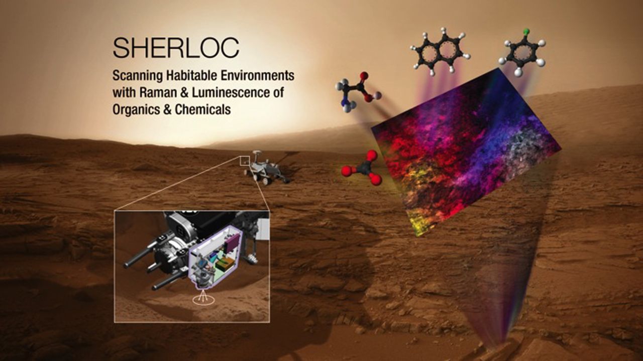 SHERLOC will use an ultraviolet laser to search for organic molecules and the mineral makeup of any rock or surface it images. 