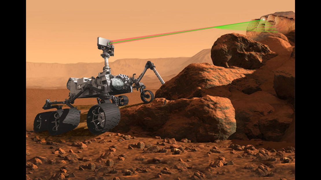This illustration shows the SuperCam instrument in action on Mars.