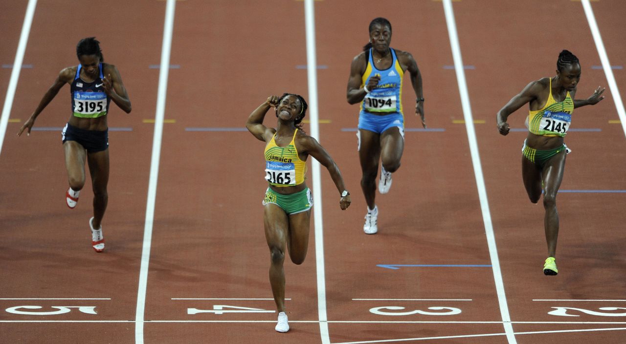 At Beijing 2008, two and a half years before she married longtime partner Jason Pryce, Fraser led a Jamaican clean sweep of the Olympic 100m medals as Sherone Simpson and Kerron Stewart tied for silver.