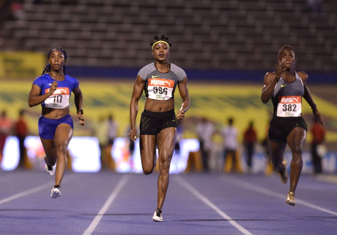 Fraser-Pryce (left) was second behind Elaine Thompson (center) in the 100m at the 2016 Jamaica trials.