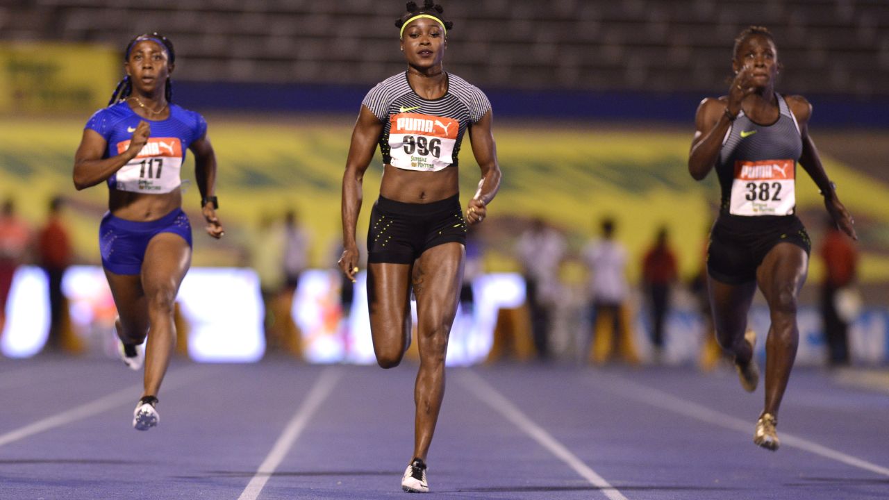 Fraser-Pryce (left) was second behind Elaine Thompson (center) in the 100m at the 2016 Jamaica trials.  