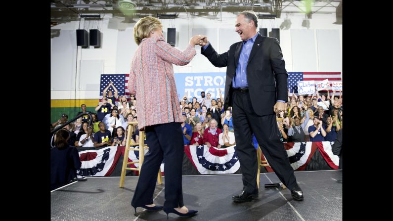 Democratic presidential candidate Hillary Clinton fist bumps Virginia Sen. Tim Kaine after speaking at a rally at Northern Virginia Community College in Annandale on Thursday, July 14. Kaine has been <a href="http://www.cnn.com/2016/07/14/politics/hillary-clinton-vice-president-choice/" target="_blank">rumored to be one of Clinton's possible choices for vice president</a>.